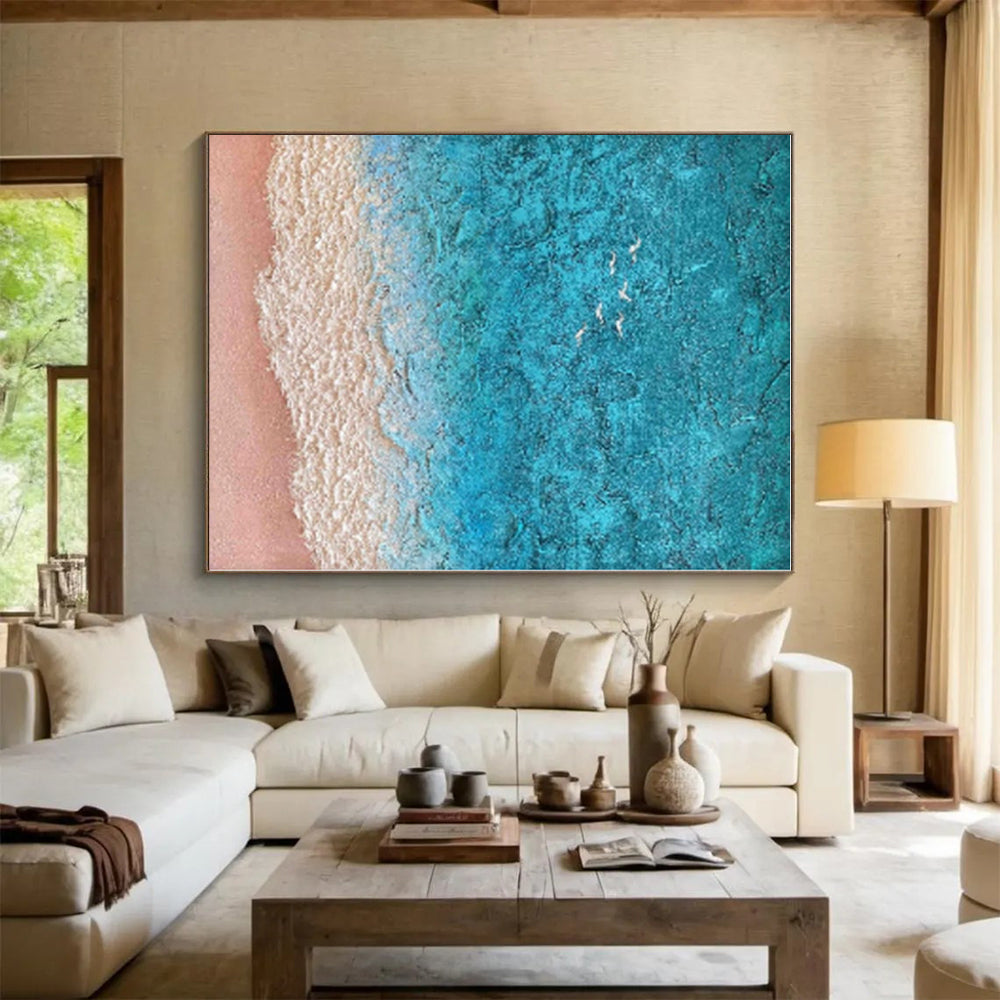 “Turquoise - Beige Seaside Aerial” - Turquoise, Beige, White Abstract Aerial Seaside Painting On Canvas PS0563