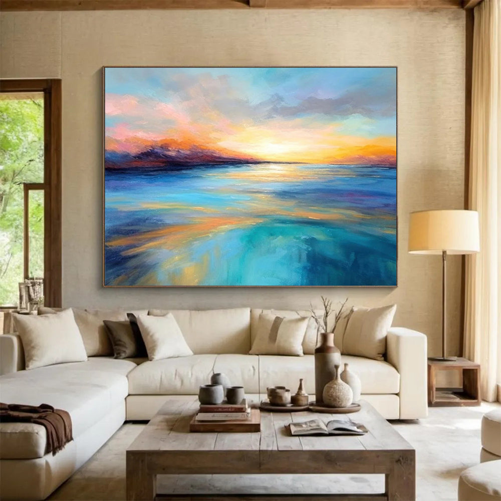 “Vibrant Sunset Sea in Pink and Blue” - Expressive Marine Painting On Canvas PT069