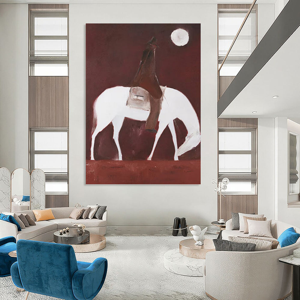 “Rider on White Horse in Red” - Minimalist - Inspired Figurative Painting On Canvas PT1425
