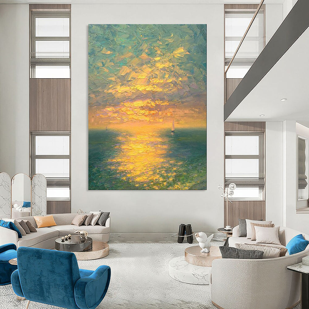 “Vibrant Sunset Sea with Sailboats” - Landscape Painting On Canvas PT2070
