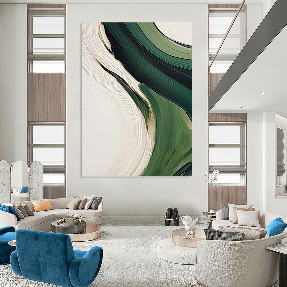 “Green & White Flowing Abstraction” - Fluid, Abstract Shapes Painting On Canvas PT1468