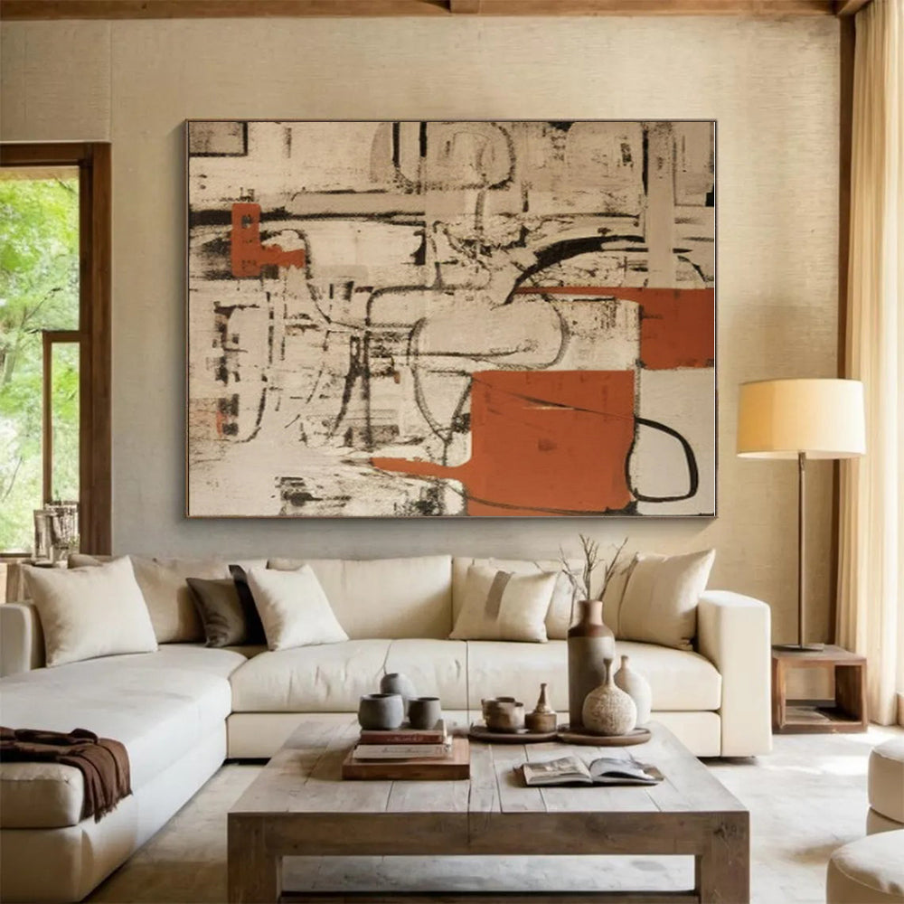 “Beige - Black - Orange Abstract Geometric Web” Painting On Canvas PS0835