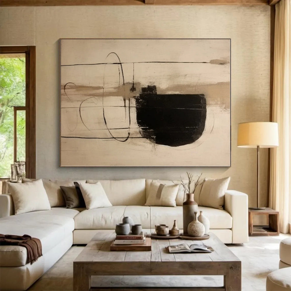 “Black - Beige Linear Abstraction” - Black, Beige Abstract Painting On Canvas PS0526