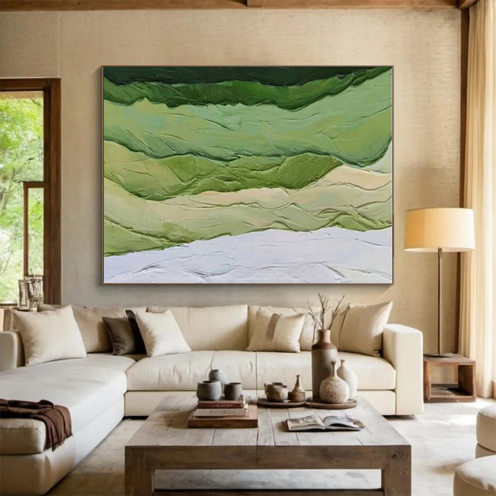 “Green Textured Ridges” - Green, White, Beige Abstract Textured Painting On Canvas PS0634