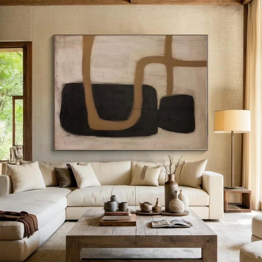 “Black - Brown Curved Abstraction” - Black, Brown Abstract Painting On Canvas PS0536