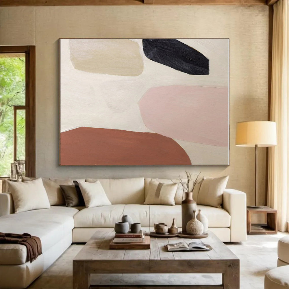 “Blush & Earth Tones” - Black, Pink, Beige, Brown Abstract Minimalist Painting On Canvas PS0656