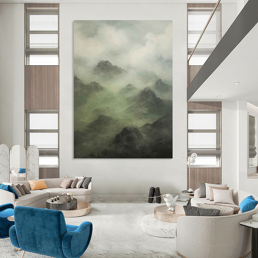 “Misty Mountain Greens” - Green, Gray, Atmospheric Landscape Painting On Canvas PT1480