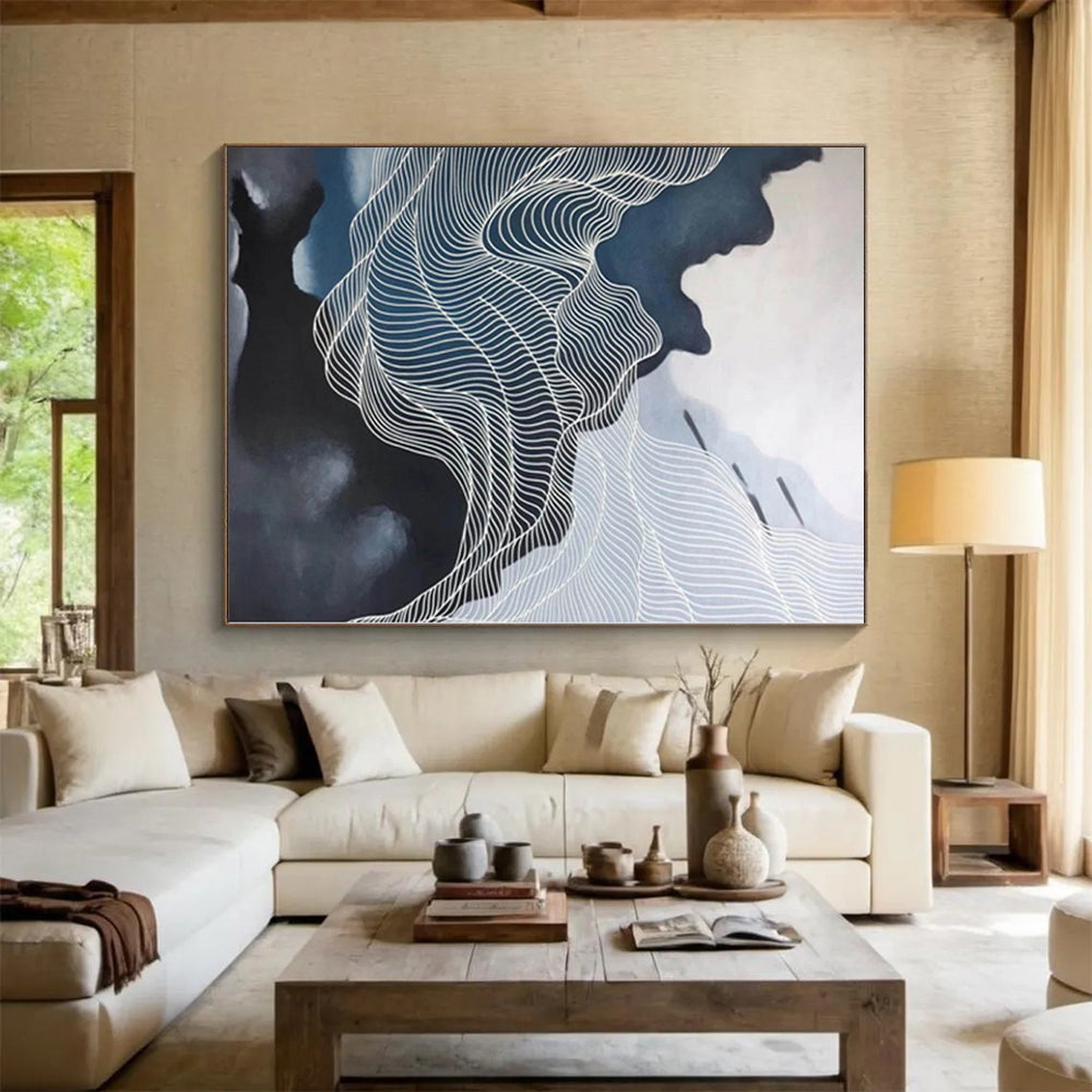 “Blue - White Abstract Rippling Lines” - Graceful Abstract Painting On Canvas PS0358