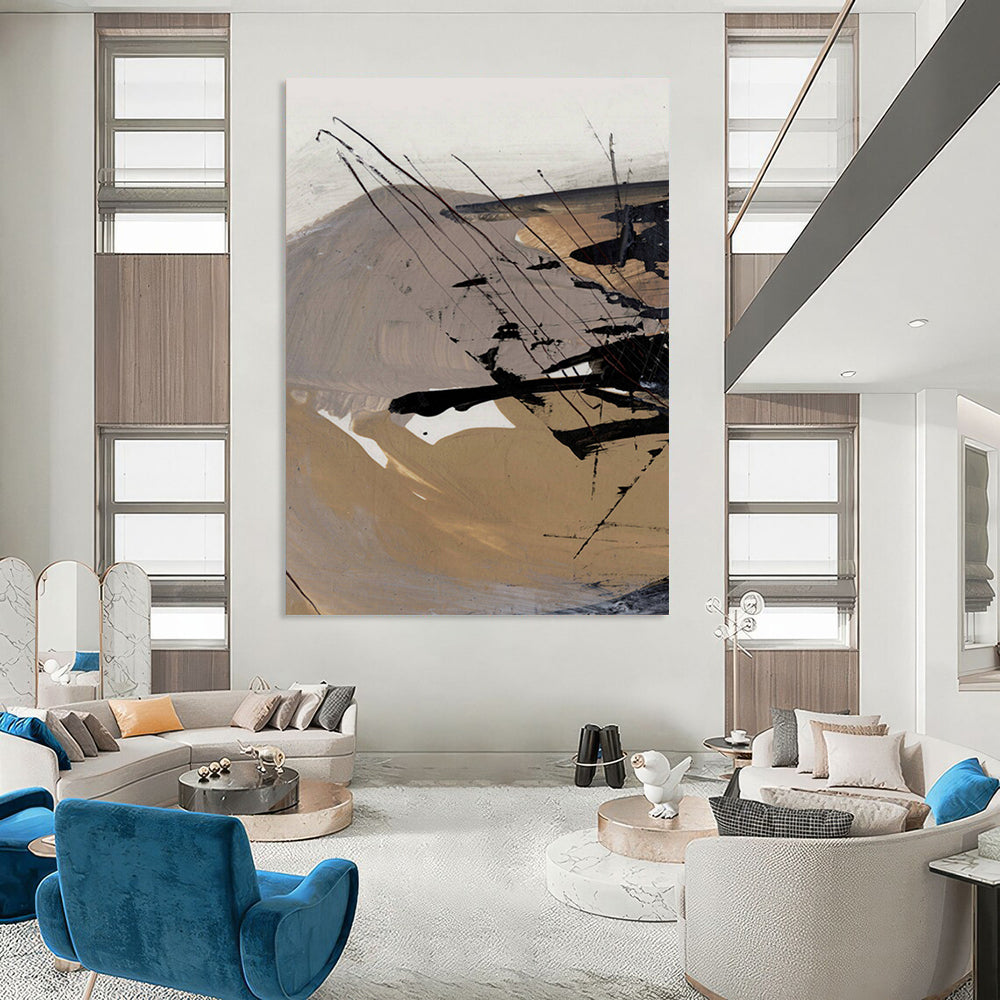 “Earth - Toned Abstract” - Beige, Gray & Black Dynamic Forms Painting On Canvas DS201