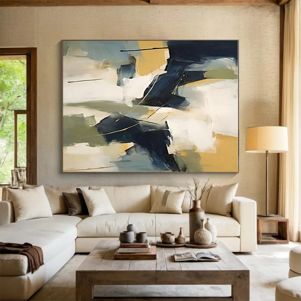 Blue, Yellow, White & Green Abstract Forms Painting On Canvas PS0831