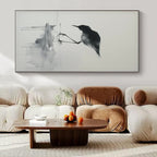 Black - White Bird Reflection, "Ink Bird" – Minimalist Ink - Style Painting On Canvas PS0933