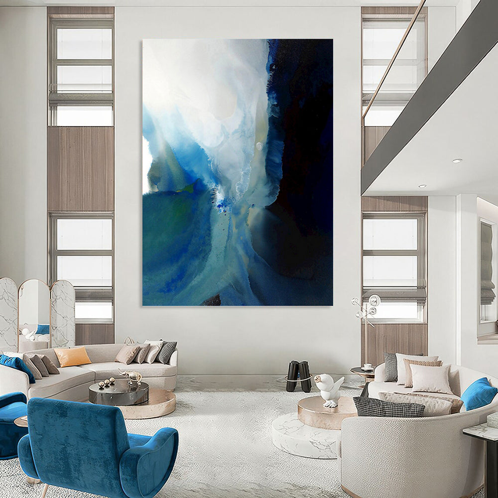 “Blue - White Fusion: Abstract Watercolor Flow” - Expressive Watercolor Painting On Canvas PT0941