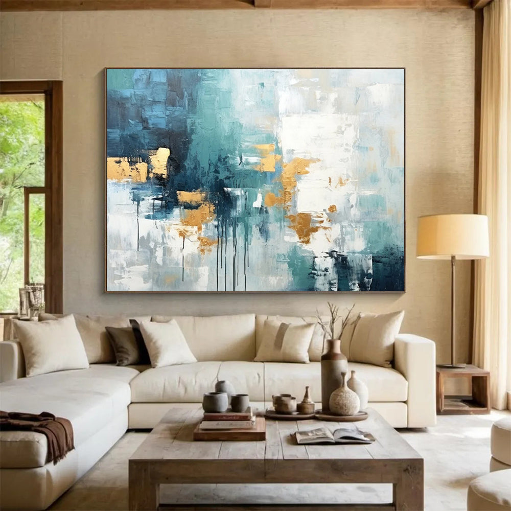“Teal, Gray, and Gold Abstract Drips” - Modern Abstract Painting On Canvas PT073