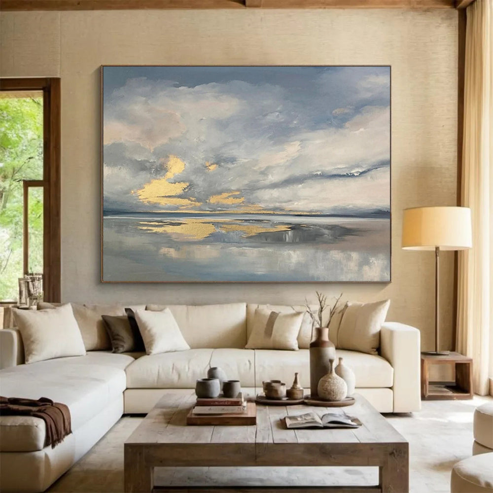 “Gray - Gold Sky Reflection” - Landscape Painting On Canvas PT253
