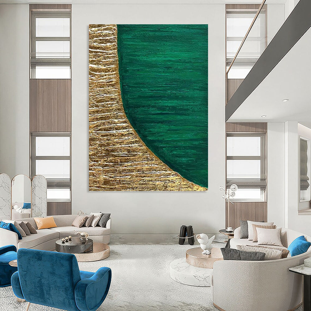 “Gold - Green Curved Textures” - Textured Abstract Painting On Canvas PT1219