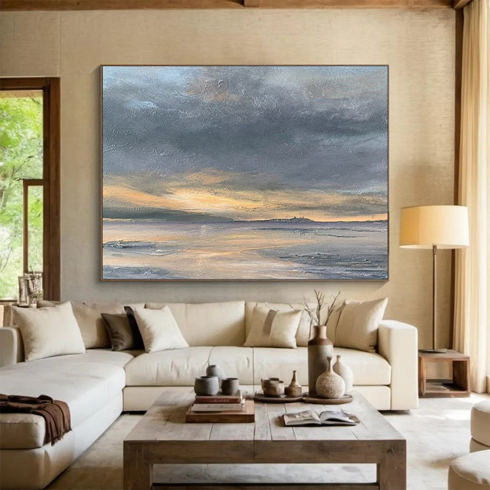 “Dramatic Coastal Sunset in Grays and Oranges” - Impressionistic Seaside Painting On Canvas PT023