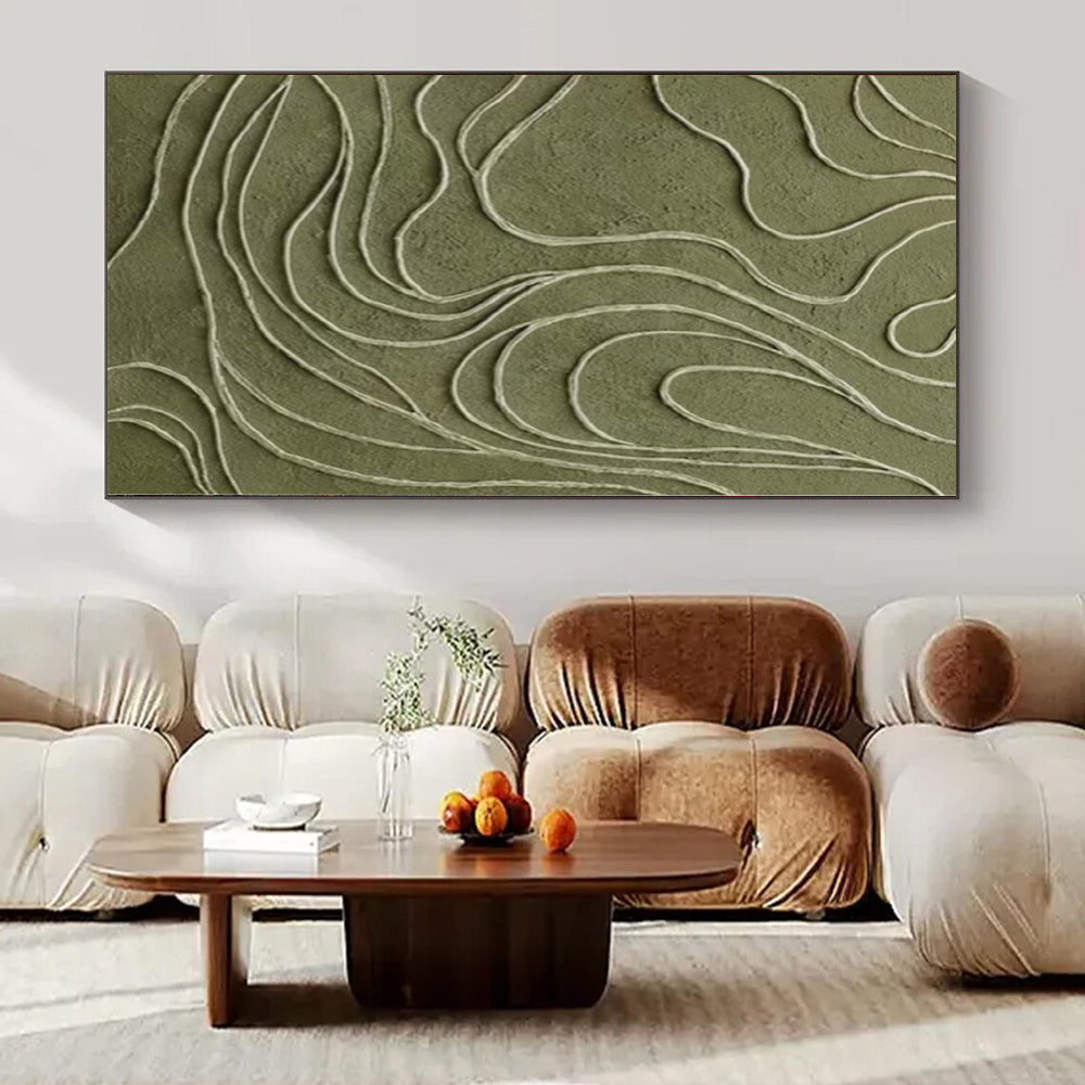 “Olive Green with White Curved Lines” - Textured Abstract Painting On Canvas PS0144