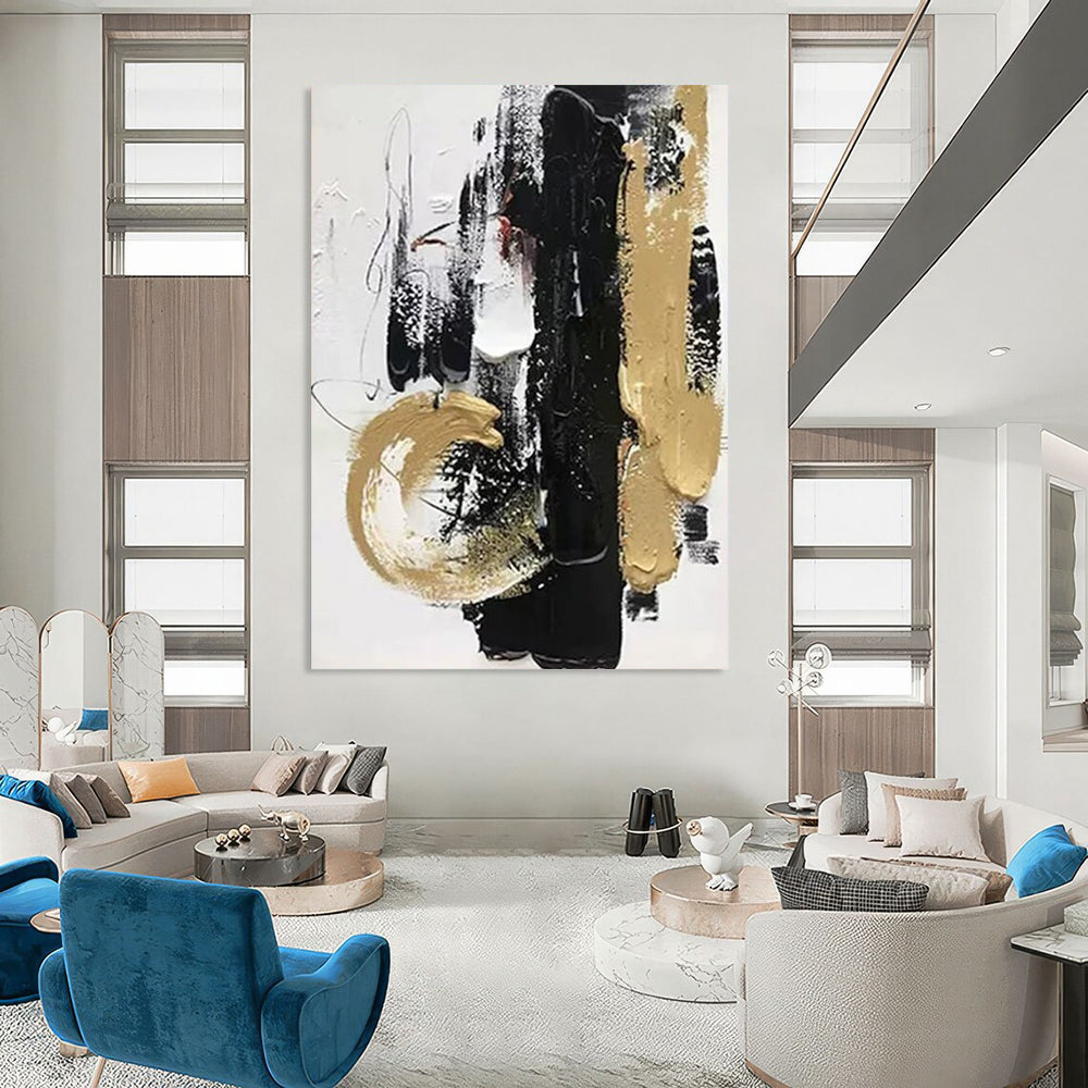 “Black & Gold Dynamic” - Bold Strokes & Metallic Accents Painting On Canvas DS146