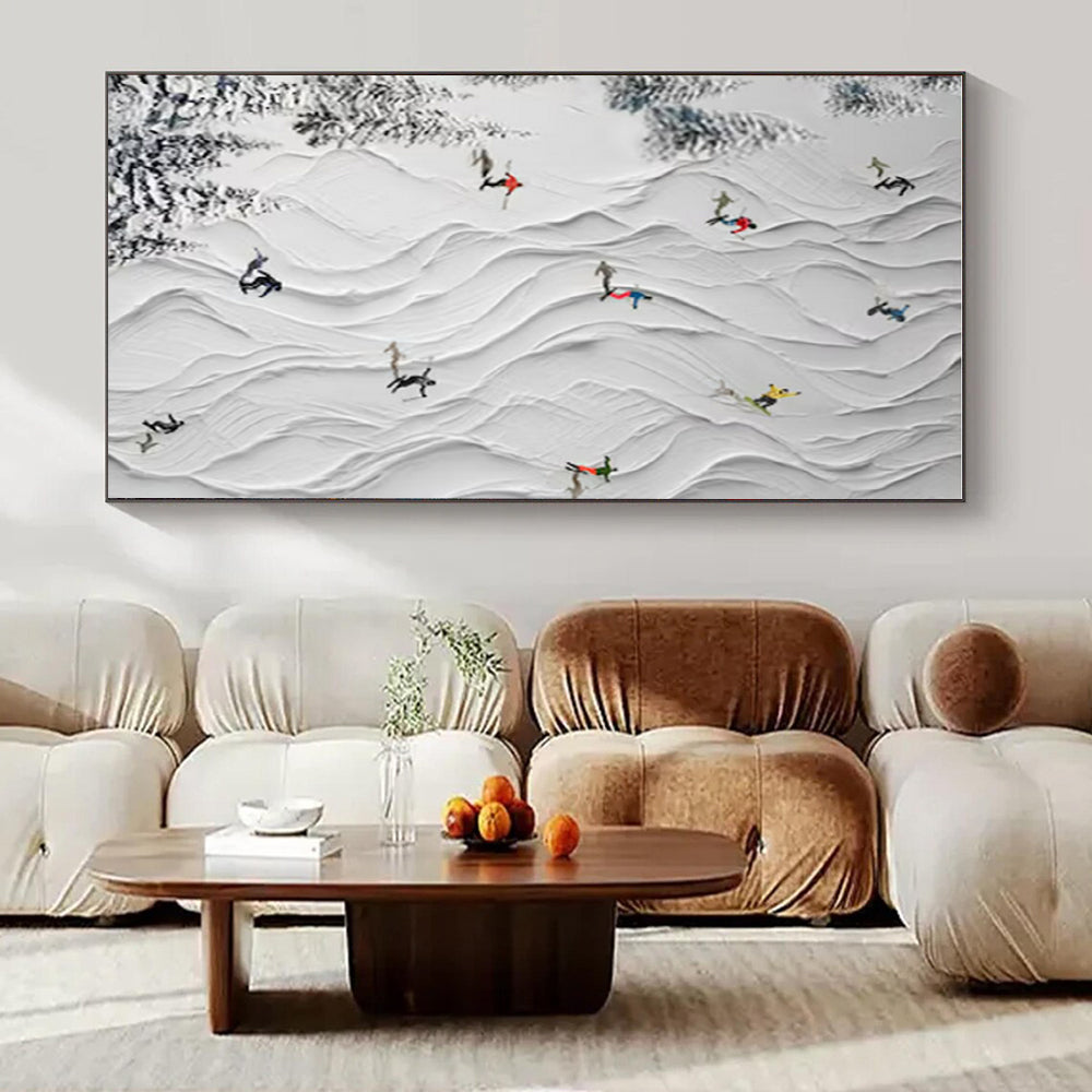 White, Colorful Figures with Textured Snow "Ski Slope Fun" Textured Painting On Canvas PS1401