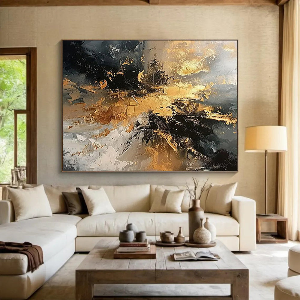Black, Gray & Gold Dynamic Abstract "Ember Glow" Painting On Canvas PS0861