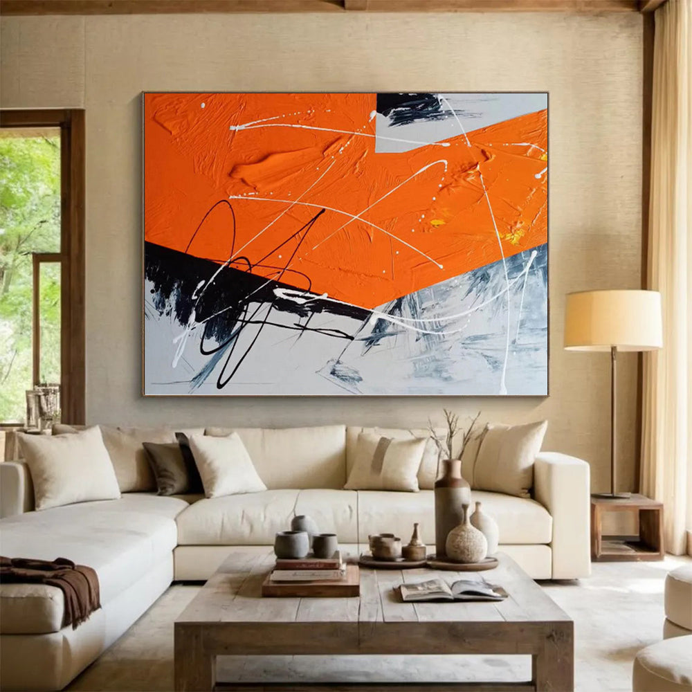 “Orange - Grey - White Abstract Dynamic Strokes” - Energetic Abstract Painting On Canvas PS0325