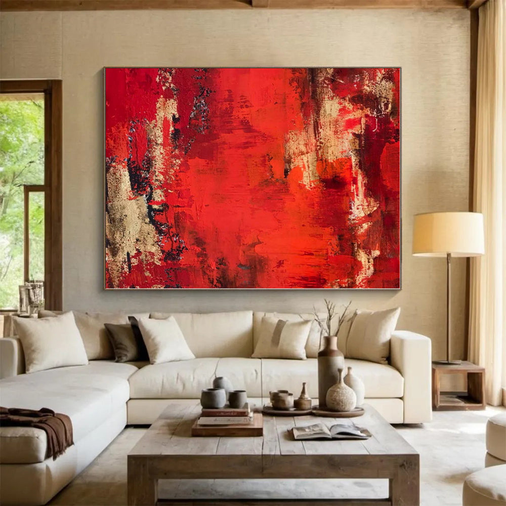 “Red - Gold Textured Abstraction” - Red, Gold, Black Abstract Painting On Canvas PS0472