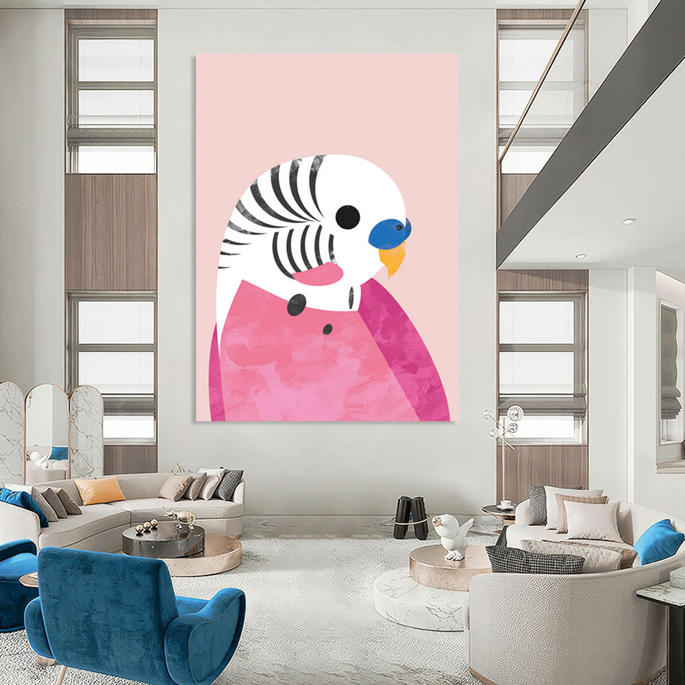 “Pink - Backgrounded Parakeet” - Colorful Bird with Geometric Shapes Painting On Canvas DS227