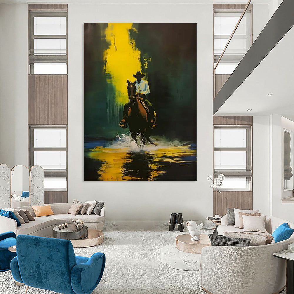Cowboy on Horse: Water & Gold Painting On Canvas DS104