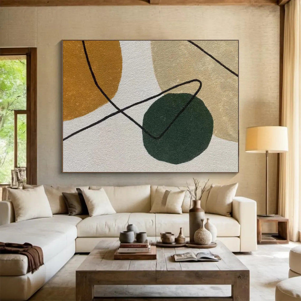 “Circle & Line” - Green, Brown, Black Abstract Shape Painting On Canvas PS0389
