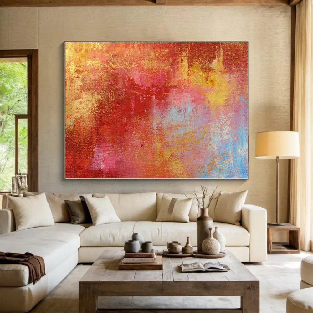 “Vibrant Red and Gold Abstract” - Abstract Expressionist Painting On Canvas PS0022