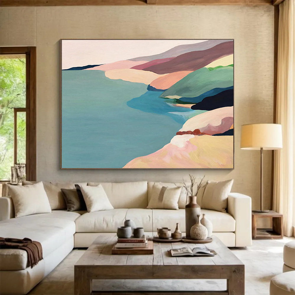 “Pastel Coastal Hills” - Blue, Pink & Beige Landscape, Minimalist Oil Painting On Canvas DKS741