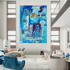“Blue - Toned Abstract Collage” - Serene Mixed - Media Abstract Painting On Canvas DS296