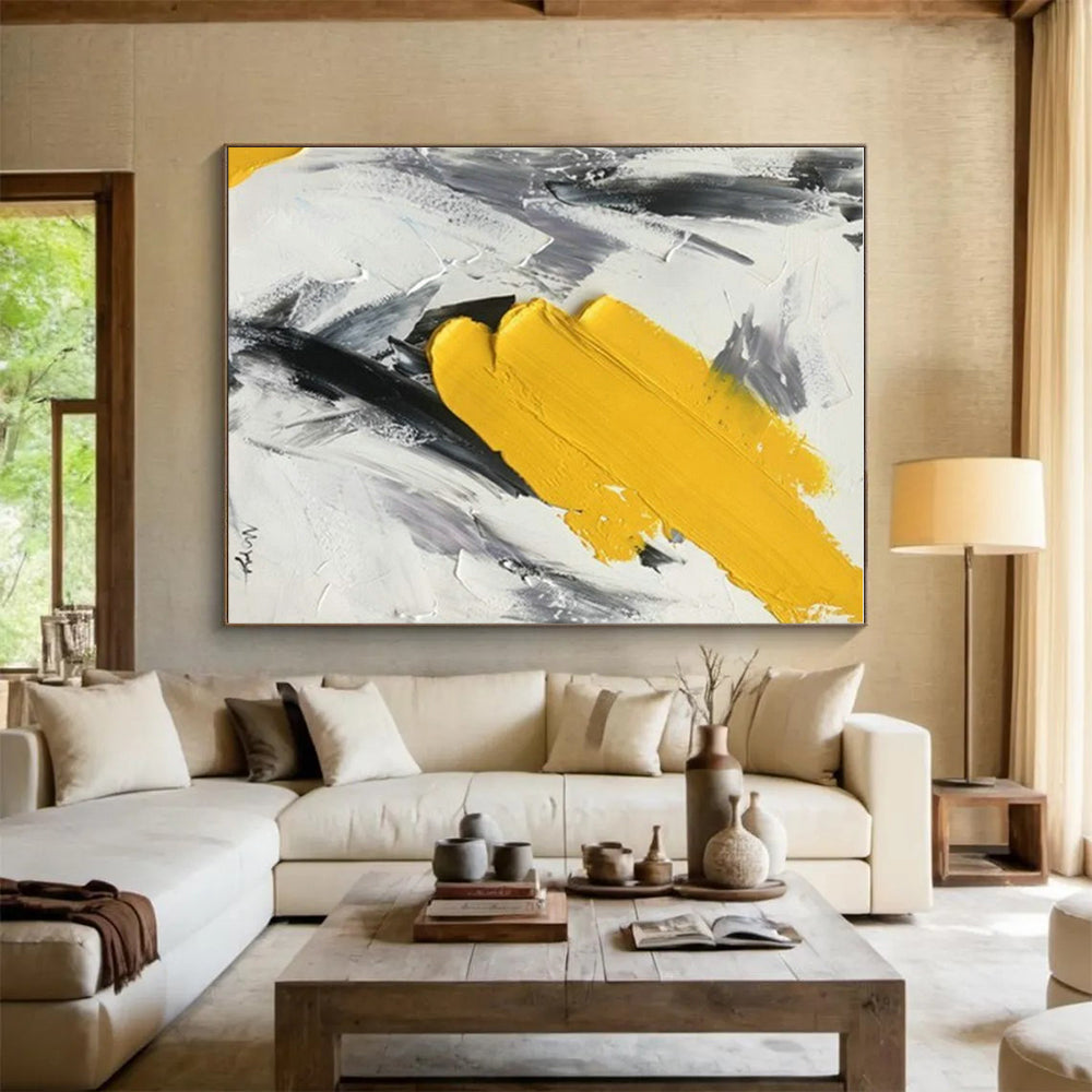 “Bold Yellow Stroke” - Yellow, Gray, White Abstract Impasto Painting On Canvas PS0616