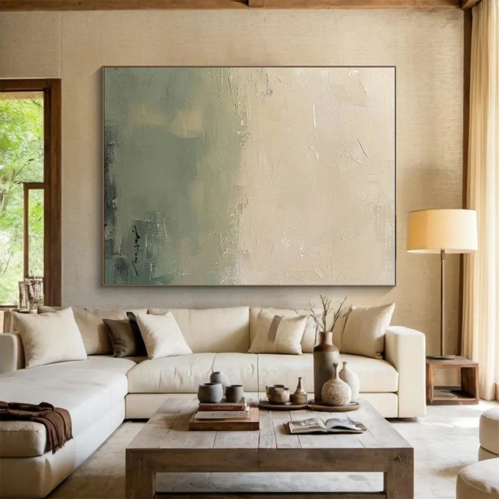 “Soft Green - Beige Gradient” - Beige, Green Abstract Landscape Painting On Canvas PS0657