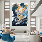 “Blue, Gold & White Abstract Splash” - Dynamic Colors with Energetic Marks Painting On Canvas DS234