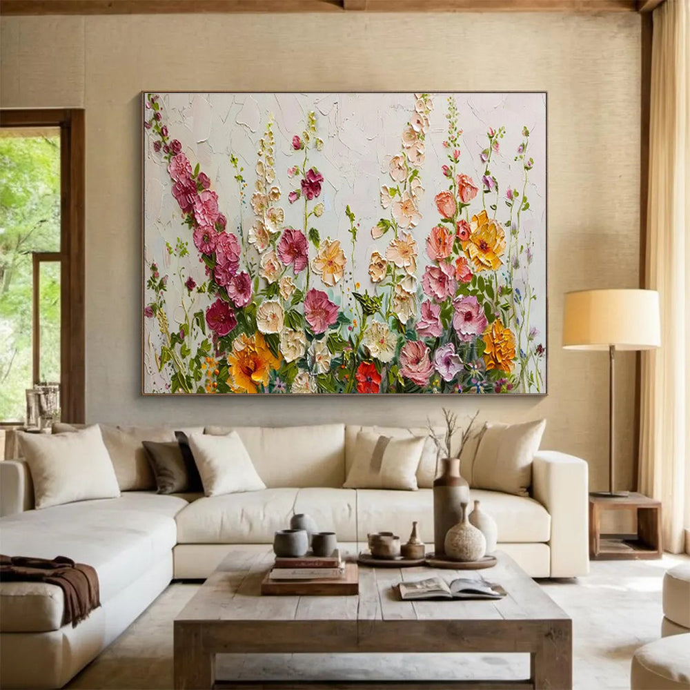 “Pastel Wildflower Meadow” - Soft Pink, Yellow & Green Floral, Impasto Flower Field Painting On Canvas DKS683
