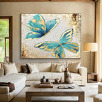 “Blue - Gold Butterfly Duet” - Blue, Gold & White Floral, Decorative Oil Painting On Canvas DKS734
