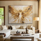 “Golden Angel with Outstretched Wings” - Impasto Figurative Painting On Canvas PT082