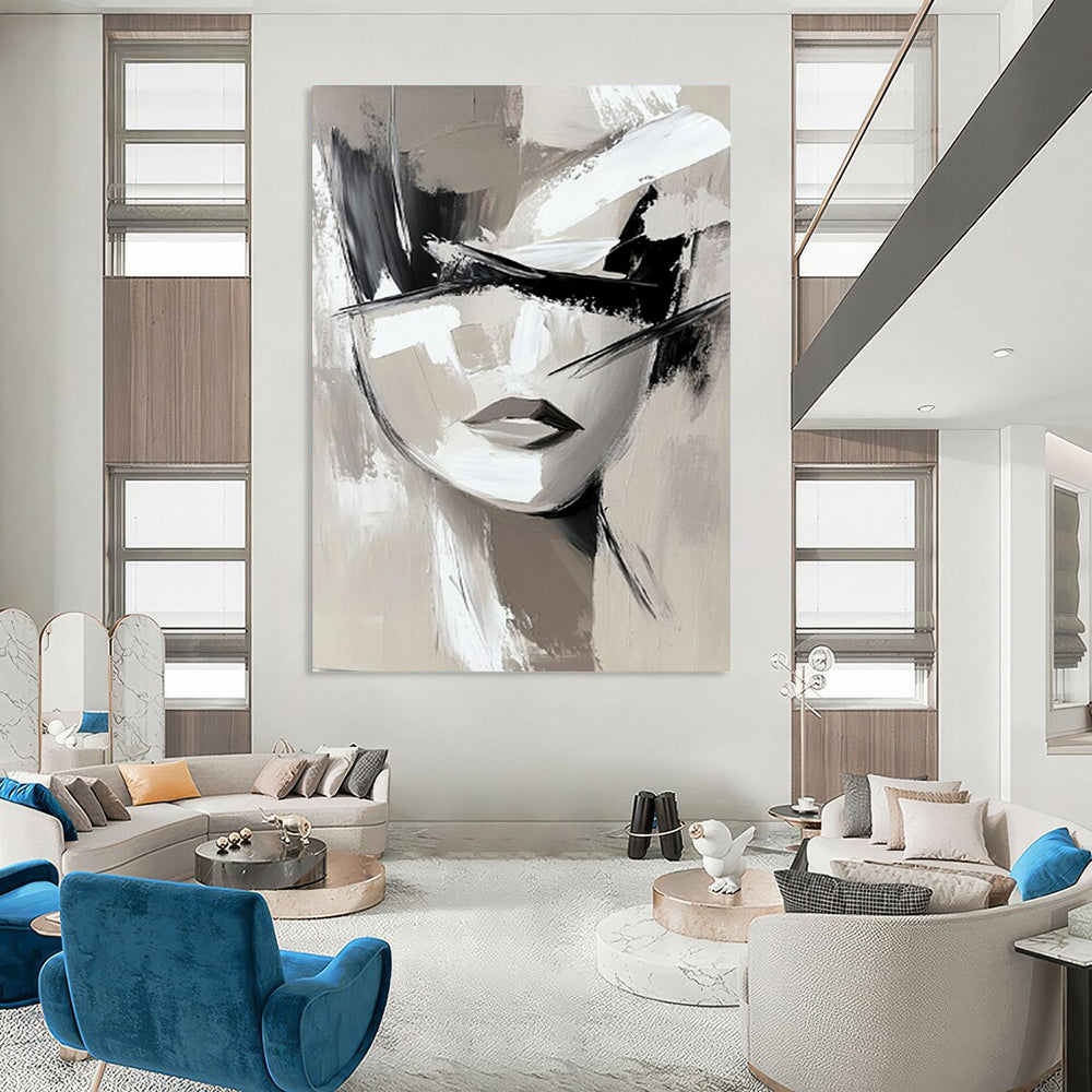 “Monochrome Abstract Face” - Minimalist Acrylic Painting On Canvas PT2193