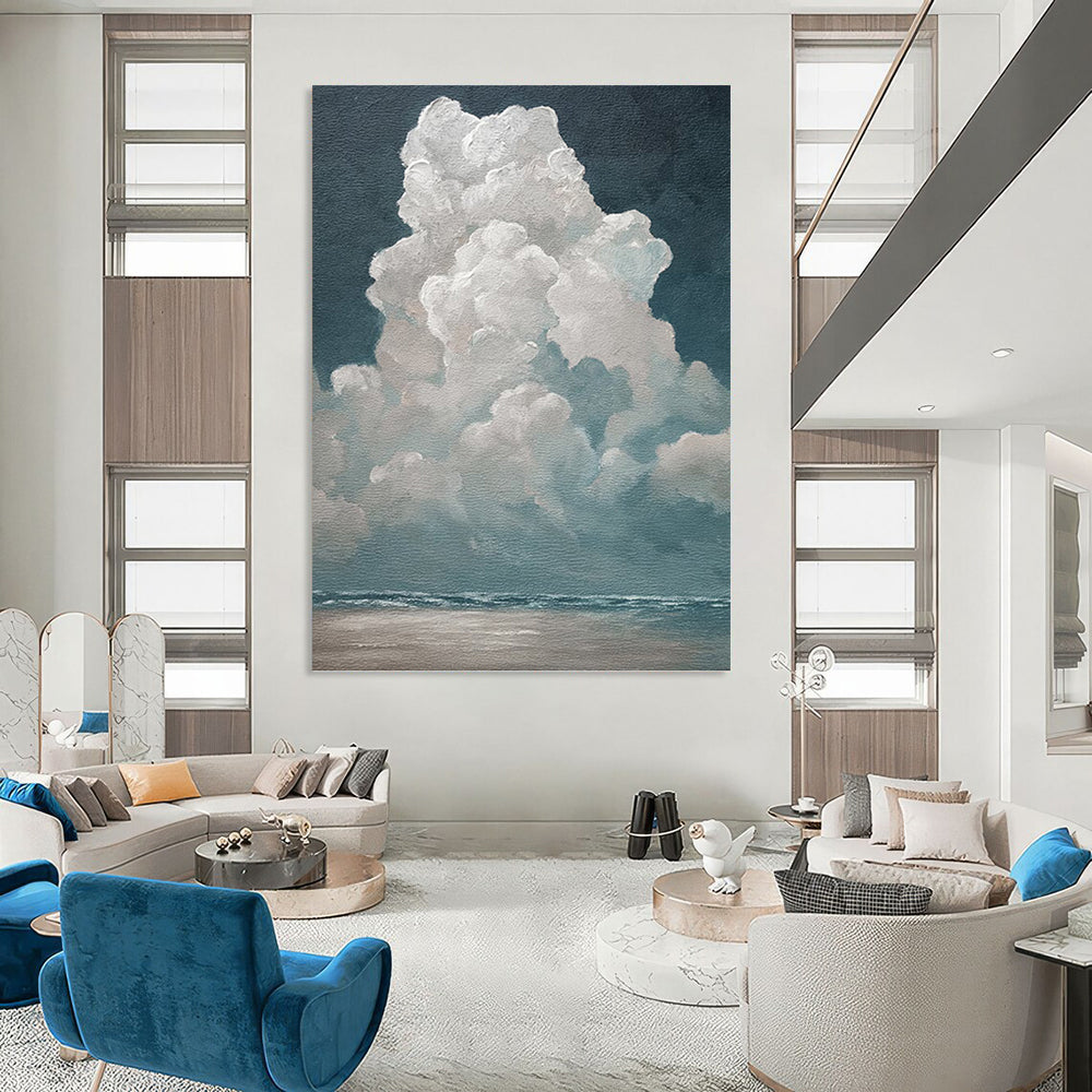 “Cotton Clouds Over Sea” - White, Teal, Sky & Ocean Painting On Canvas PT1459