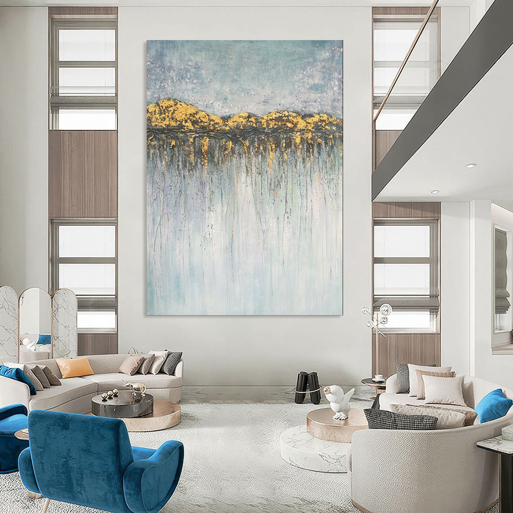 “Gold - Blue Abstract Landscape Drip Art” - Abstract Painting On Canvas PT2077