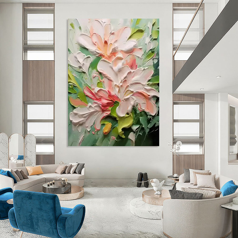“Pink - Green Floral Impasto” - Impressionist - Inspired Floral Painting On Canvas PT1396