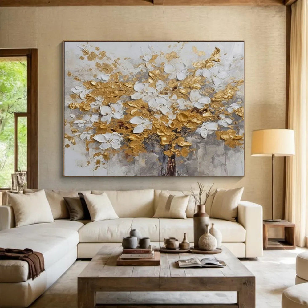 “Gold & White Blossom Tree” - Textured Floral Painting On Canvas PT246