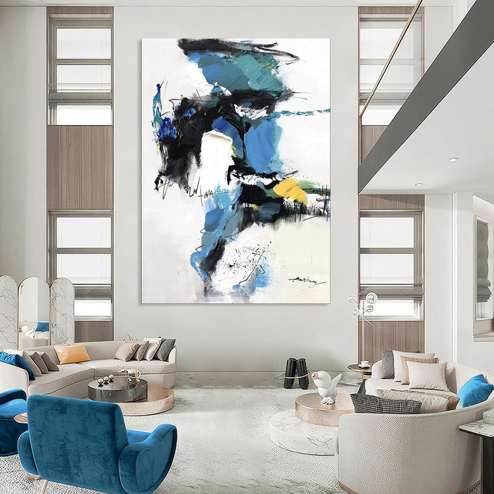 Blue - Black - White Abstract Splash, Echoing Willem de Kooning's Style, Painting On Canvas PT2085
