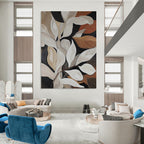 “White - Brown Leafy Composition” - Botanical Abstract Painting On Canvas PT1125