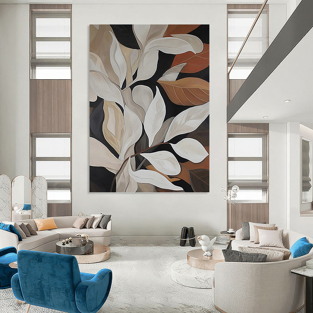 “White - Brown Leafy Composition” - Botanical Abstract Painting On Canvas PT1125