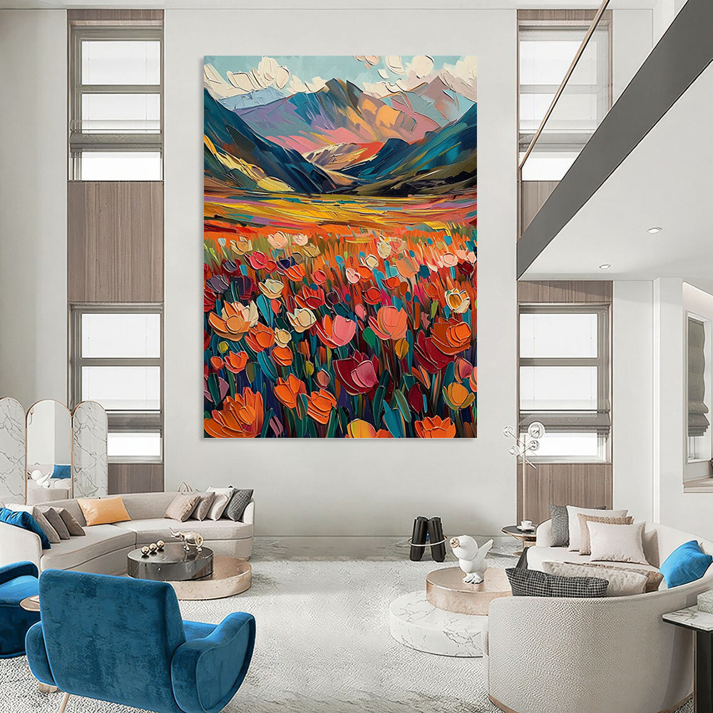 “Colorful Mountain Field” - Landscape, Vibrant - Hued Painting On Canvas PT1597