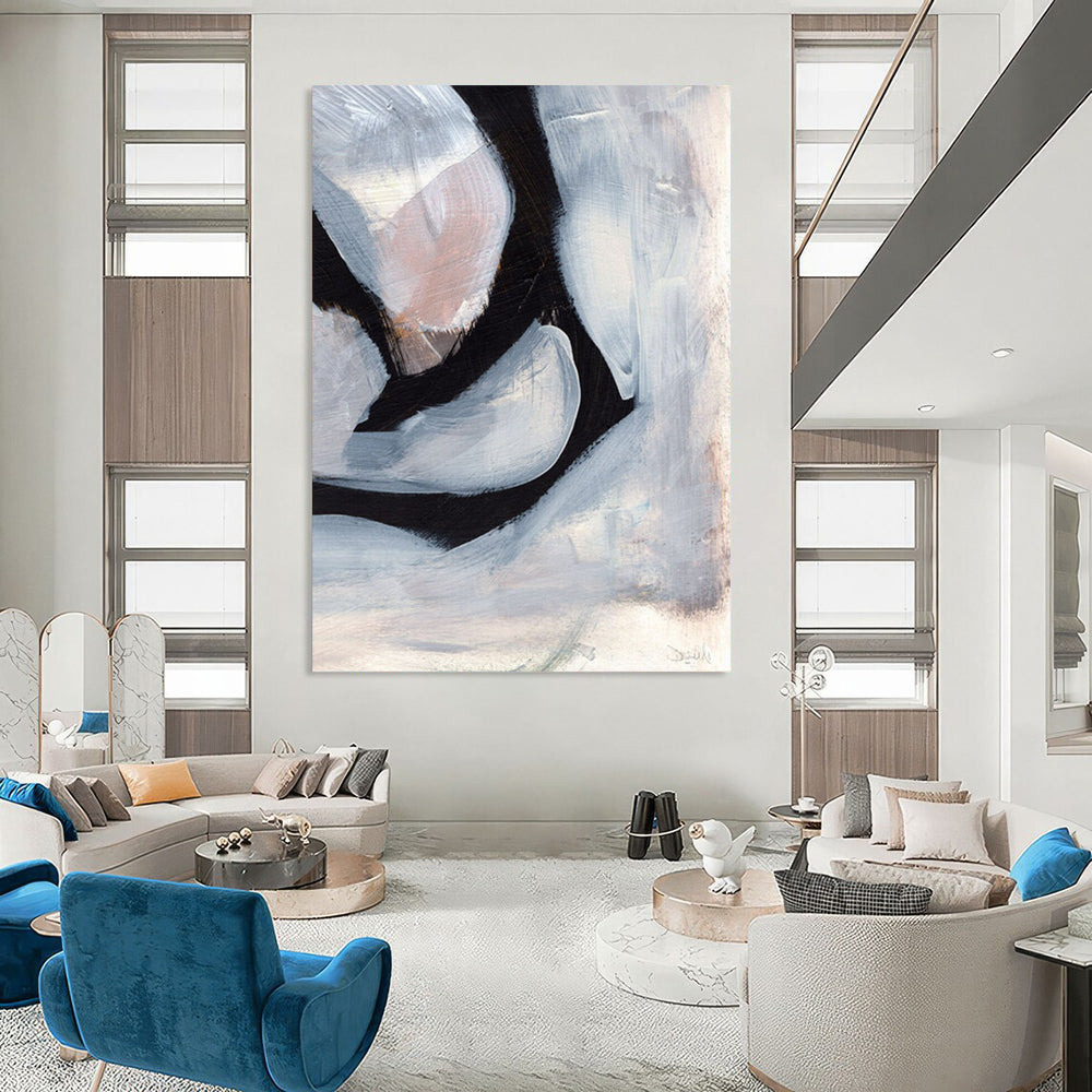 “Black & White Abstract Petals” - Contrasting Hues with Soft Shapes Painting On Canvas DS228