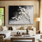“White Flowers on Black Textured” - White, Black Abstract Textured Floral Painting On Canvas PS0580