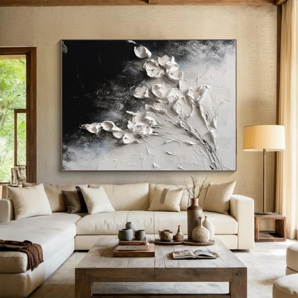 “White Flowers on Black Textured” - White, Black Abstract Textured Floral Painting On Canvas PS0580